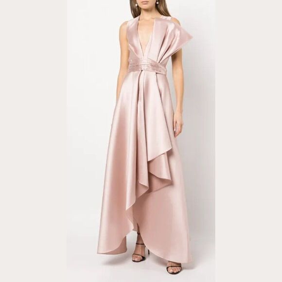 Sachin & Babi Size 14 Jenna Silver Peony Light Pink Bow High Low Maxi Gown Dress - Picture 2 of 3